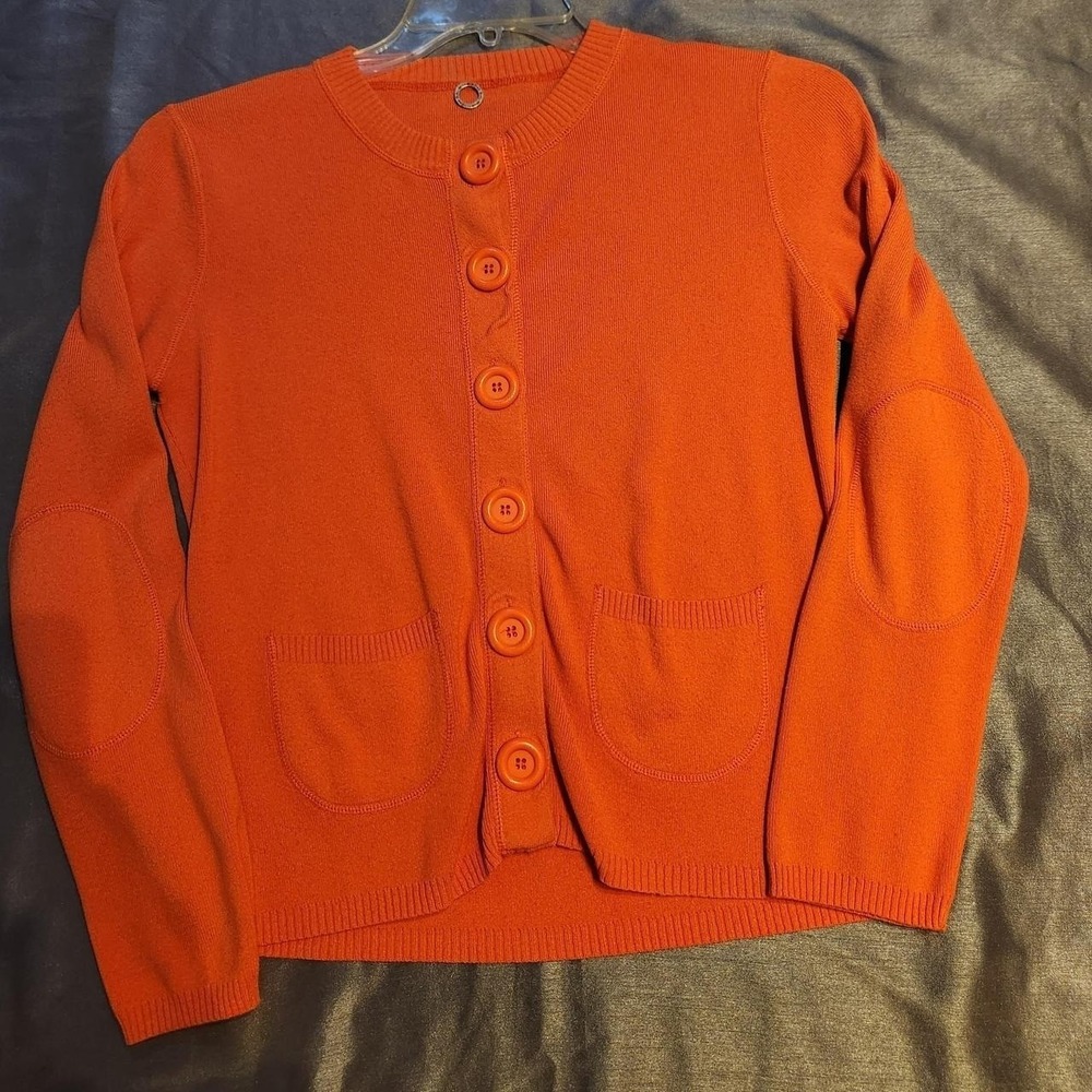 One Girl Who Orange Button‎ Front Cardigan Sweater with Elbow Patches Womens